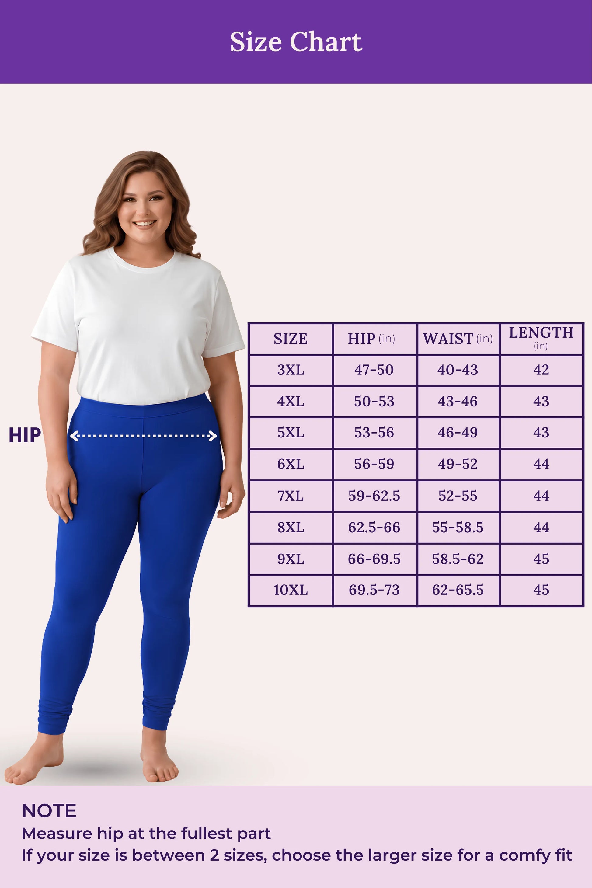 A size chart showing a woman modeling blue leggings on a pale pink background, with a measurement table listing sizes 3XL through 10XL and hip, waist, and length measurements. Purple header and note text are visible.