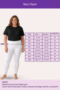 A size chart showing a woman modeling a black top and white leggings, with a measurement table listing size, hip, waist, and length ranges. Purple header and footer text read 'Size Chart' and include hip measurement guidance.