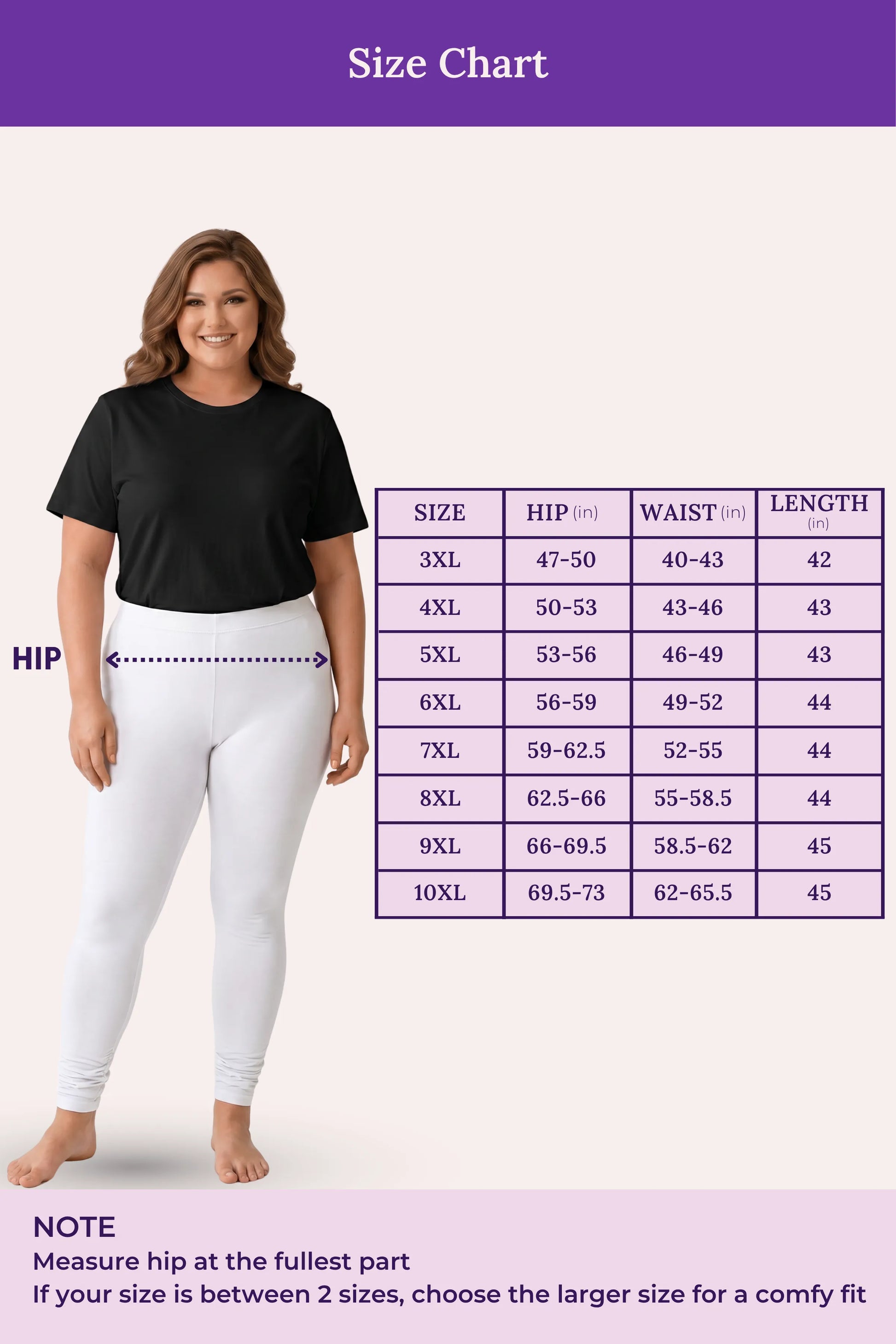 A size chart showing a woman modeling a black top and white leggings, with a measurement table listing size, hip, waist, and length ranges. Purple header and footer text read 'Size Chart' and include hip measurement guidance.
