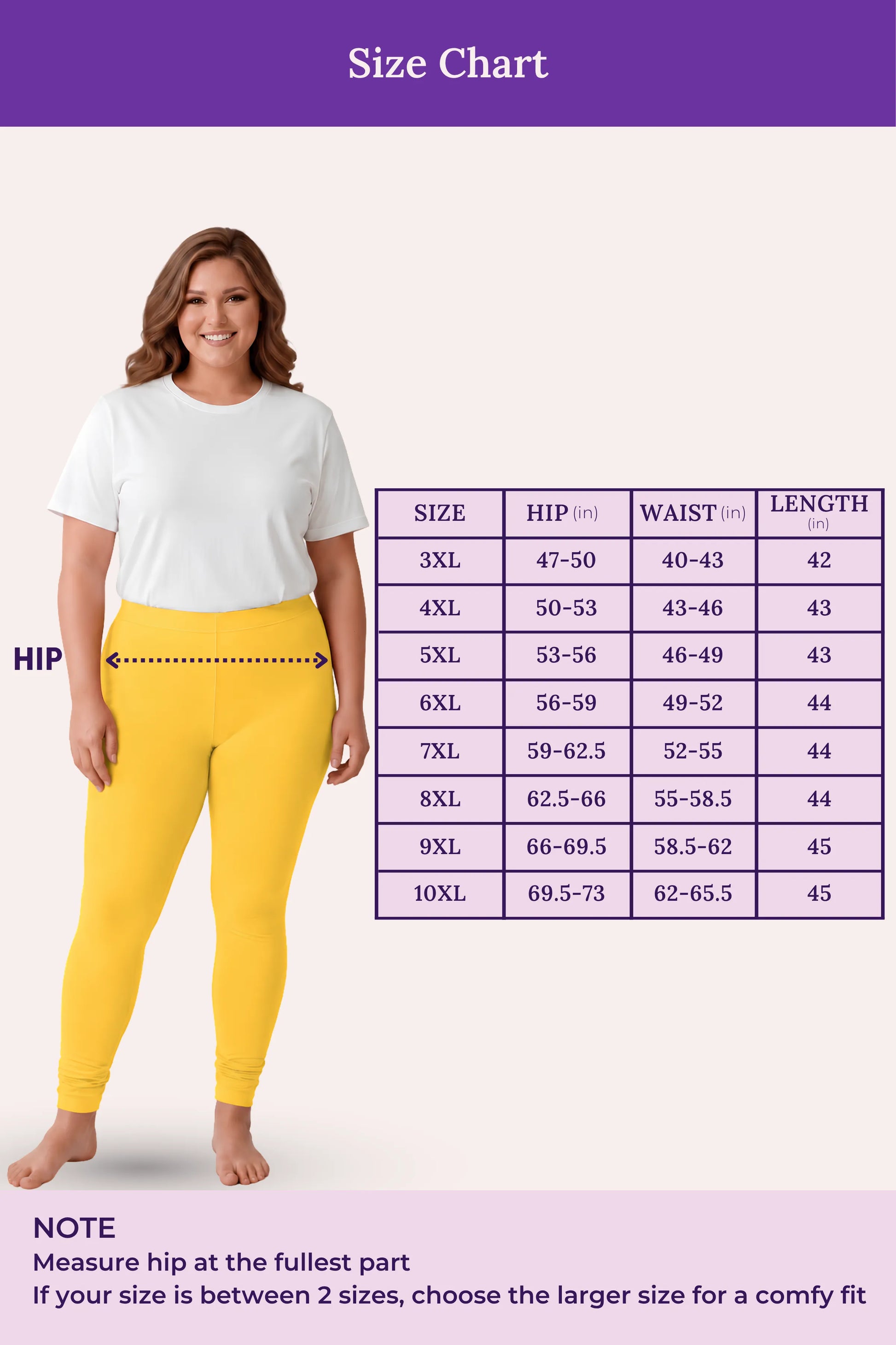 A size chart showing a woman modeling yellow leggings, with a measurement guide labeled 'HIP' and a size table listing sizes 3XL through 10XL with hip, waist, and length measurements. Purple header and footer bars with the title 'Size Chart' are visible.