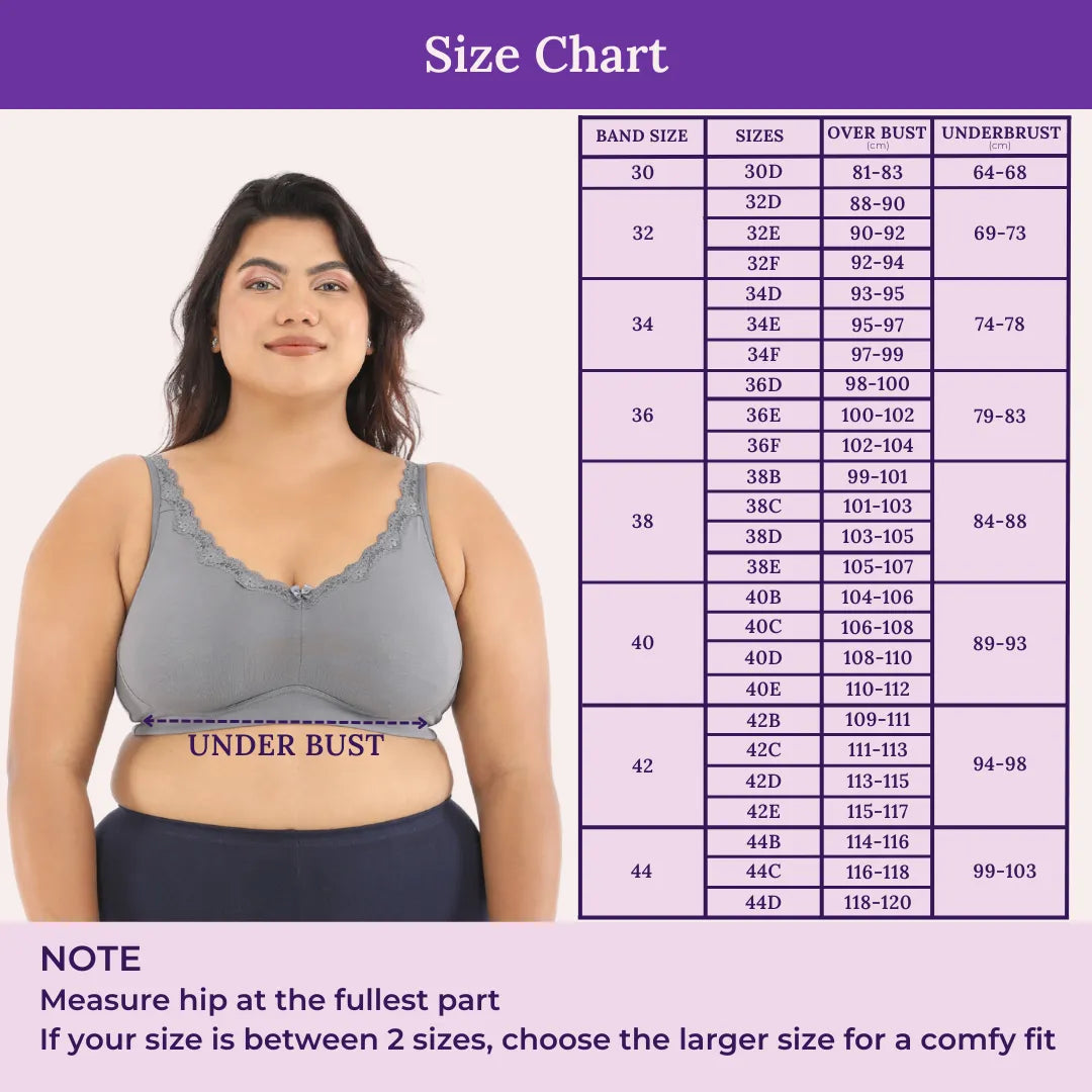 Size Chart For Plus Size Daily Bliss Bra-Steel Grey