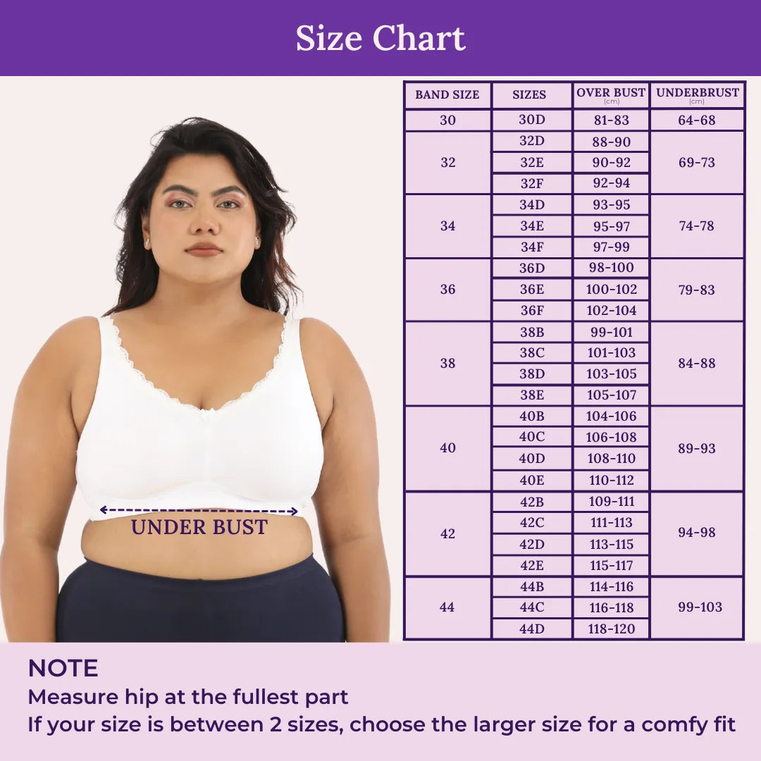 Size Chart For Plus Size Daily Bliss Bra-Steel White