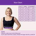 A size chart for a black bodysuit or tank top, showing a smiling woman on the left with an underbust measurement arrow and a size table on the right. The image has a purple header and footer with the text 'Size Chart' and measurement instructions.
