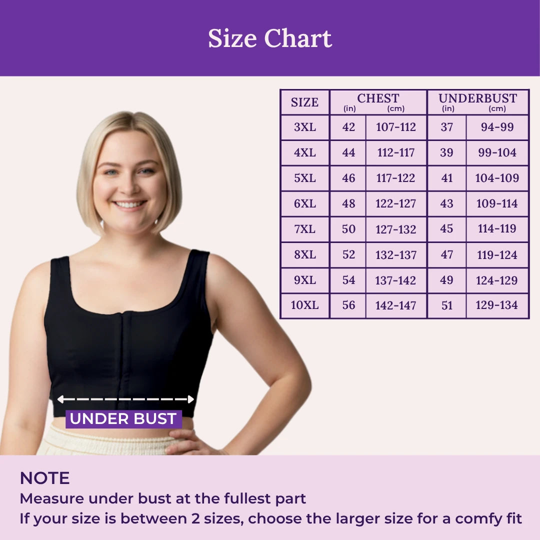 A size chart for a black bodysuit or tank top, showing a smiling woman on the left with an underbust measurement arrow and a size table on the right. The image has a purple header and footer with the text 'Size Chart' and measurement instructions.