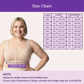 Size chart with a woman wearing a beige bodysuit and a printed size table showing chest and underbust measurements for sizes 3XL through 10XL on a purple and white background.