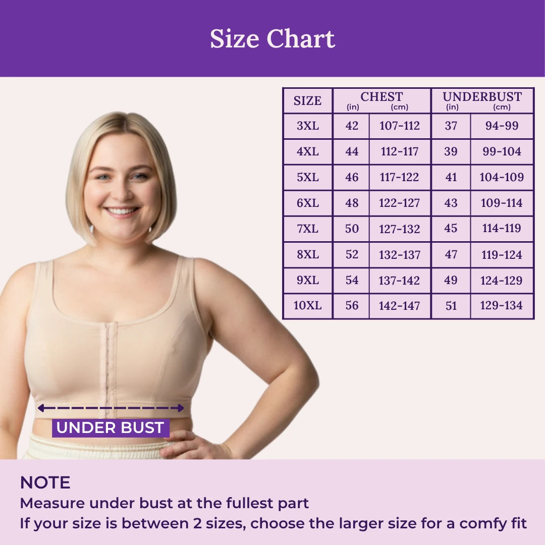 Size chart with a woman wearing a beige bodysuit and a printed size table showing chest and underbust measurements for sizes 3XL through 10XL on a purple and white background.