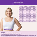 A size chart with a woman wearing a white tank top and a measurement table showing chest and underbust measurements for sizes 3XL to 10XL. Purple header and note text explain how to measure.