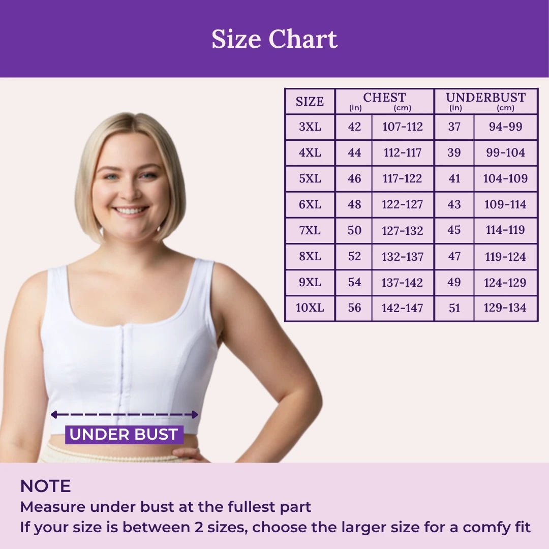 A size chart with a woman wearing a white tank top and a measurement table showing chest and underbust measurements for sizes 3XL to 10XL. Purple header and note text explain how to measure.