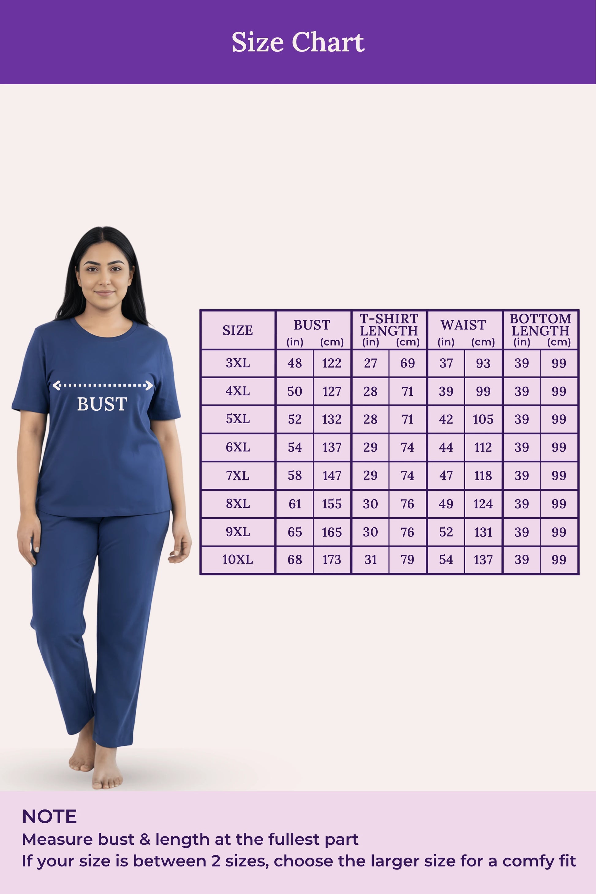Woman wearing a airforce navy outfit with a size chart