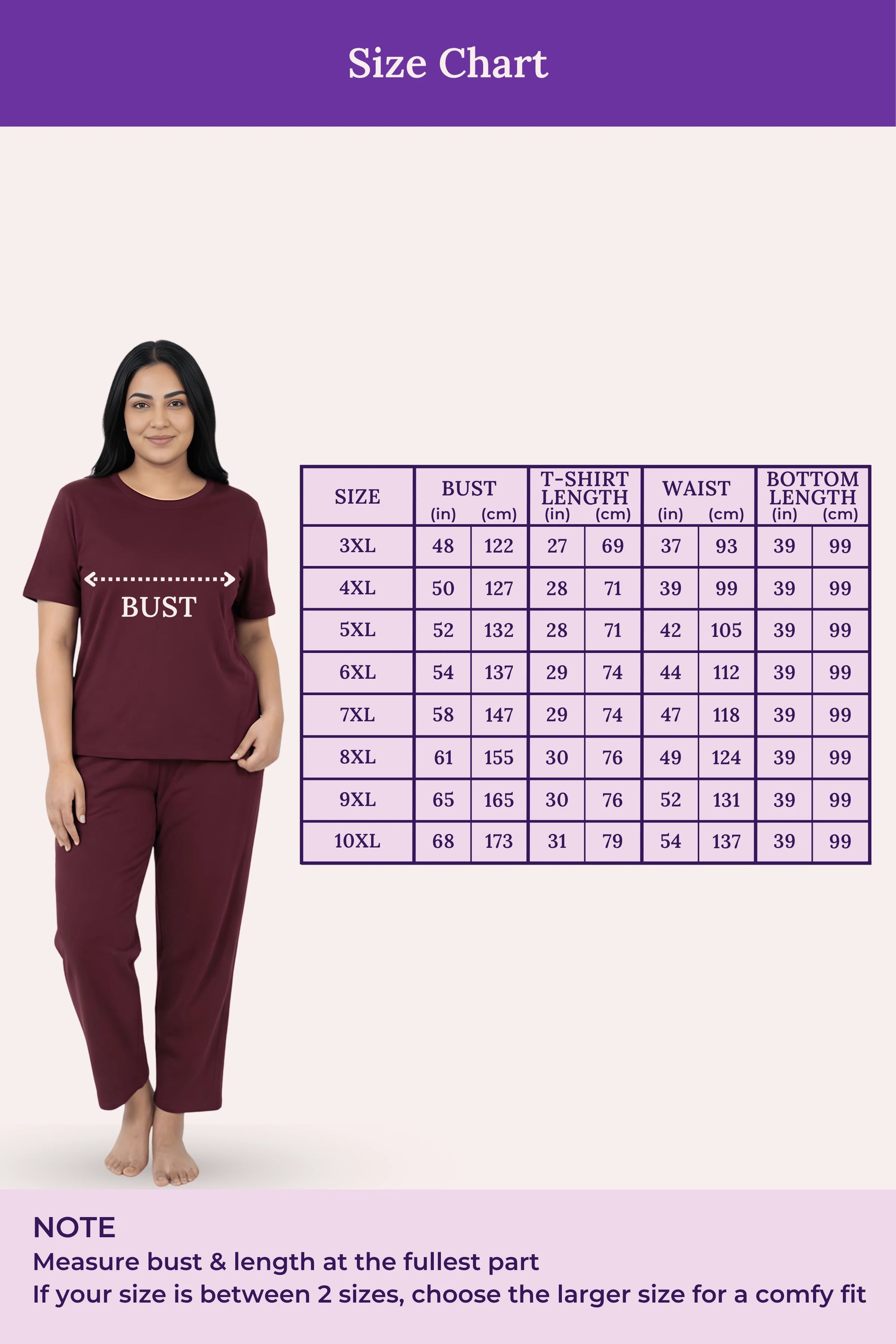 Woman wearing a wine outfit with a size chart