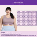 Size chart for a sports bra with a model and measurements