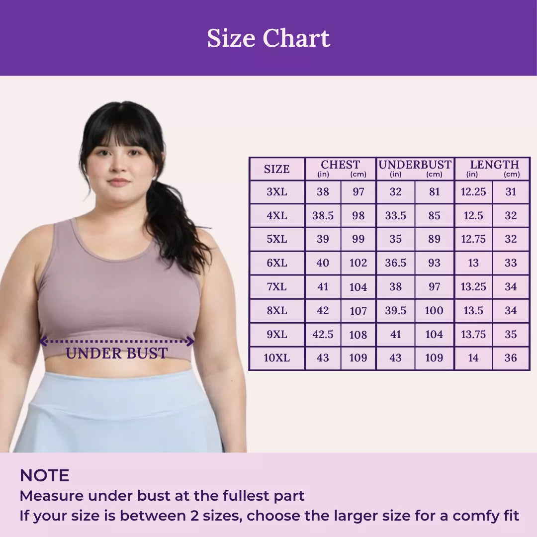 Size chart for a sports bra with a model and measurements