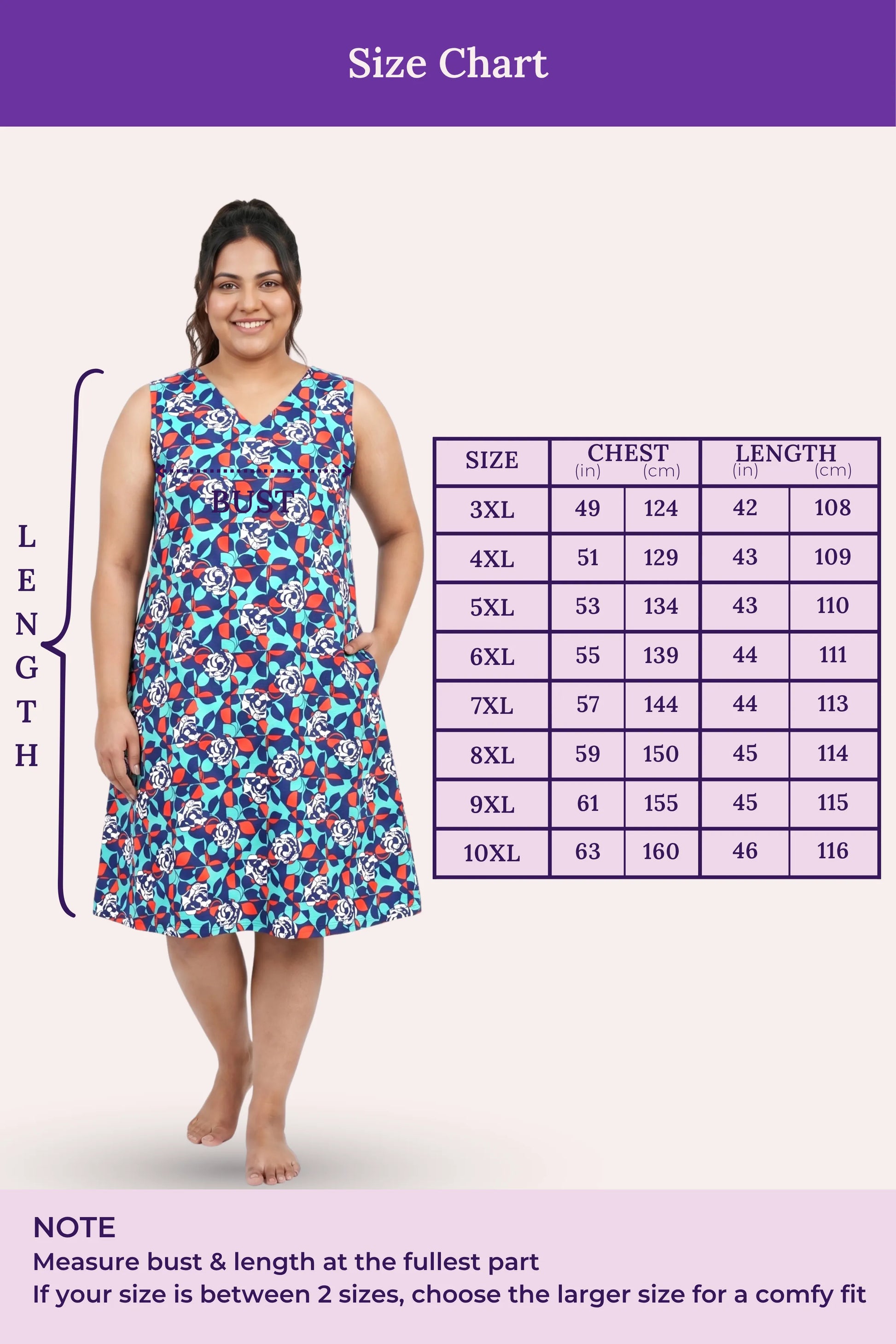 Woman wearing a blue floral dress with a size chart