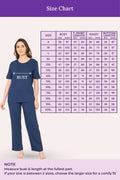 Woman wearing a airforce navy outfit with a size chart