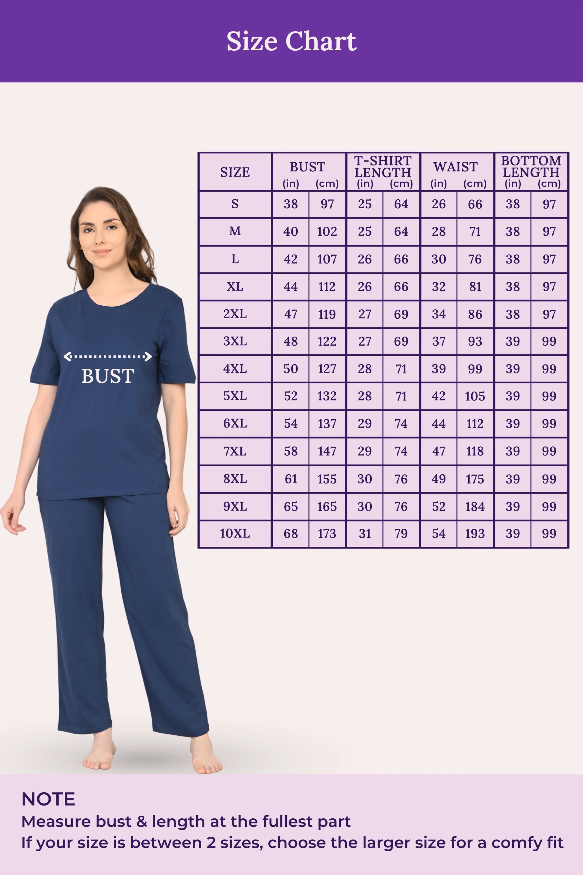 Woman wearing a airforce navy outfit with a size chart