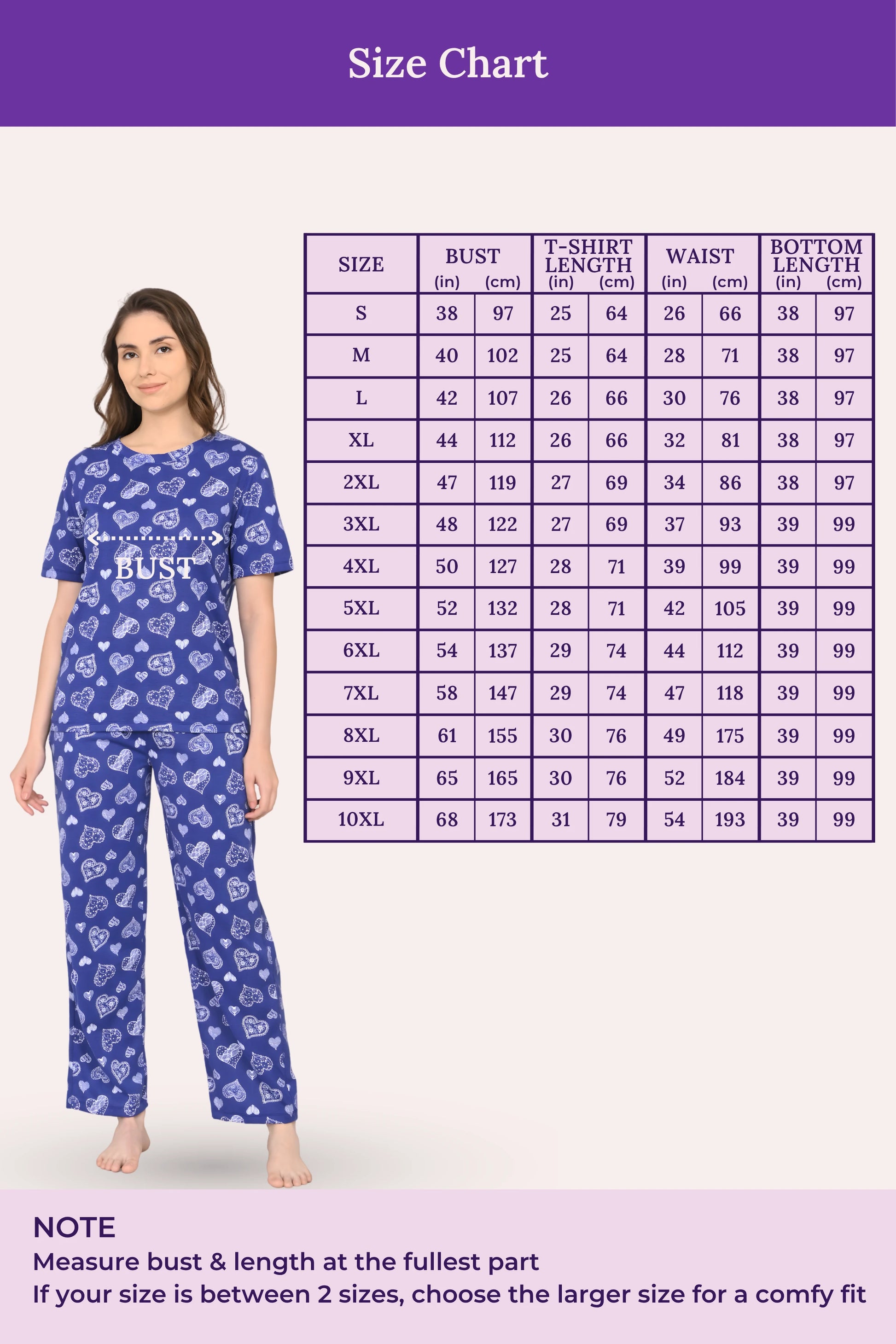 Woman wearing a navy hearts patterned outfit with a size chart