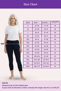 A size chart showing a woman modeling a white T-shirt and dark navy blue capri leggings, with a measurement table listing sizes S through 10XL by hip, waist, and length, plus a note on how to measure.
