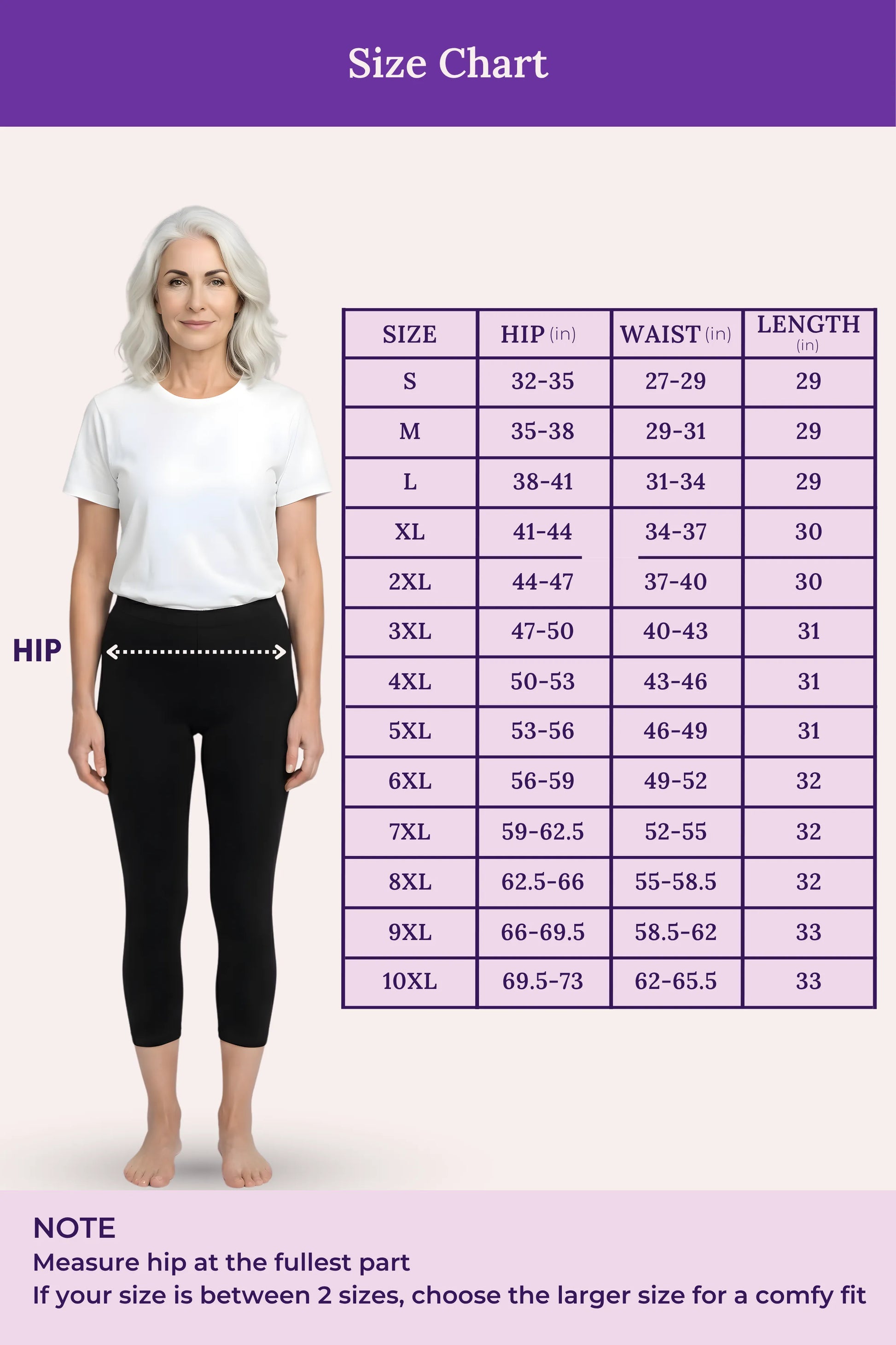 A size chart woman modeling a white T-shirt and black leggings with a measurement guide labeled HIP, alongside a size table listing S through 10XL with hip, waist, and length measurements.