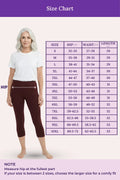 A size chart showing a woman modeling pants on the left and a hip/waist/length size table on the right. The image includes a purple header reading 'Size Chart' and a note at the bottom explaining how to measure hip and waist.