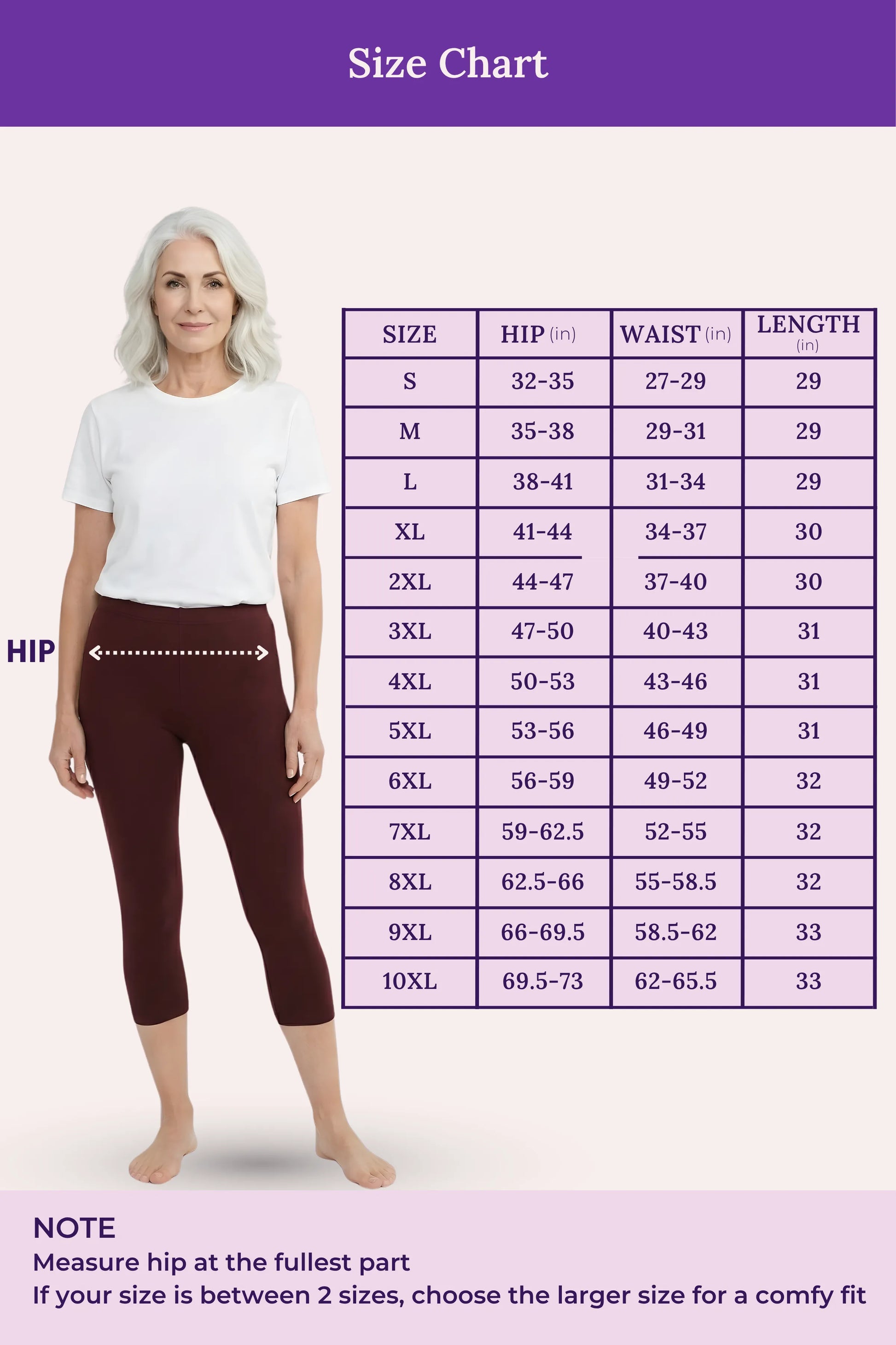 A size chart showing a woman modeling pants on the left and a hip/waist/length size table on the right. The image includes a purple header reading 'Size Chart' and a note at the bottom explaining how to measure hip and waist.