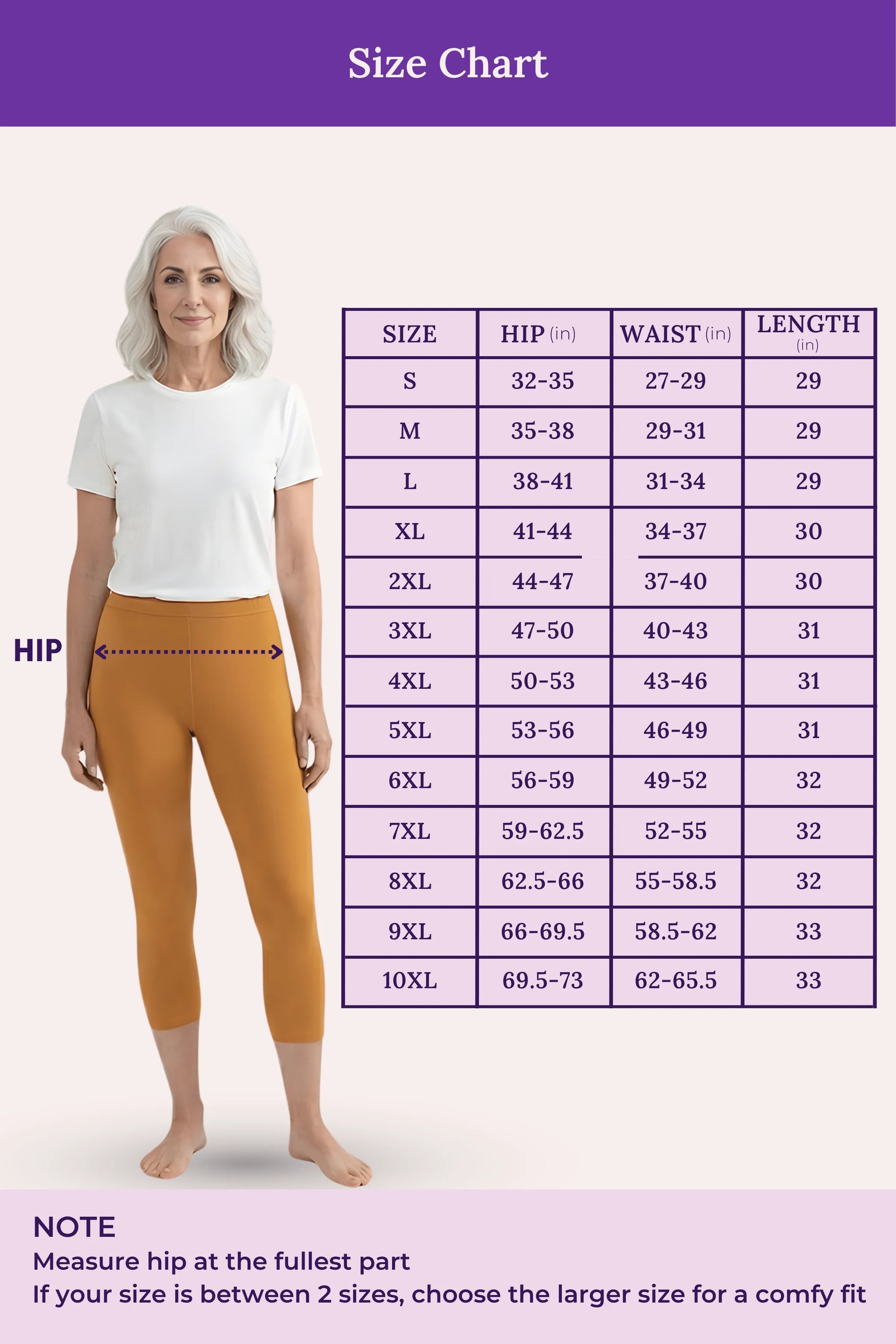 A size chart showing a woman modeling fitted pants on the left and a size table on the right with hip, waist, and length measurements for sizes S through 10XL. Purple header and table lines, white background, and a note at the bottom explaining hip measurement.