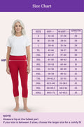 A size chart woman modeling dark pink capri leggings on the left and a purple measurement table on the right. The chart explains how to measure hip and waist sizes and provides length measurements by size.