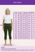 A size chart showing a woman modeling a white T-shirt and green capri leggings against a pale background, alongside a size table with hip, waist, and length measurements and a note on how to measure.