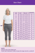A size chart showing a woman modeling gray capri leggings and a white T-shirt, with a measurement table listing sizes S through 10XL by hip, waist, and length. Purple header and note text are visible on a pale pink background.