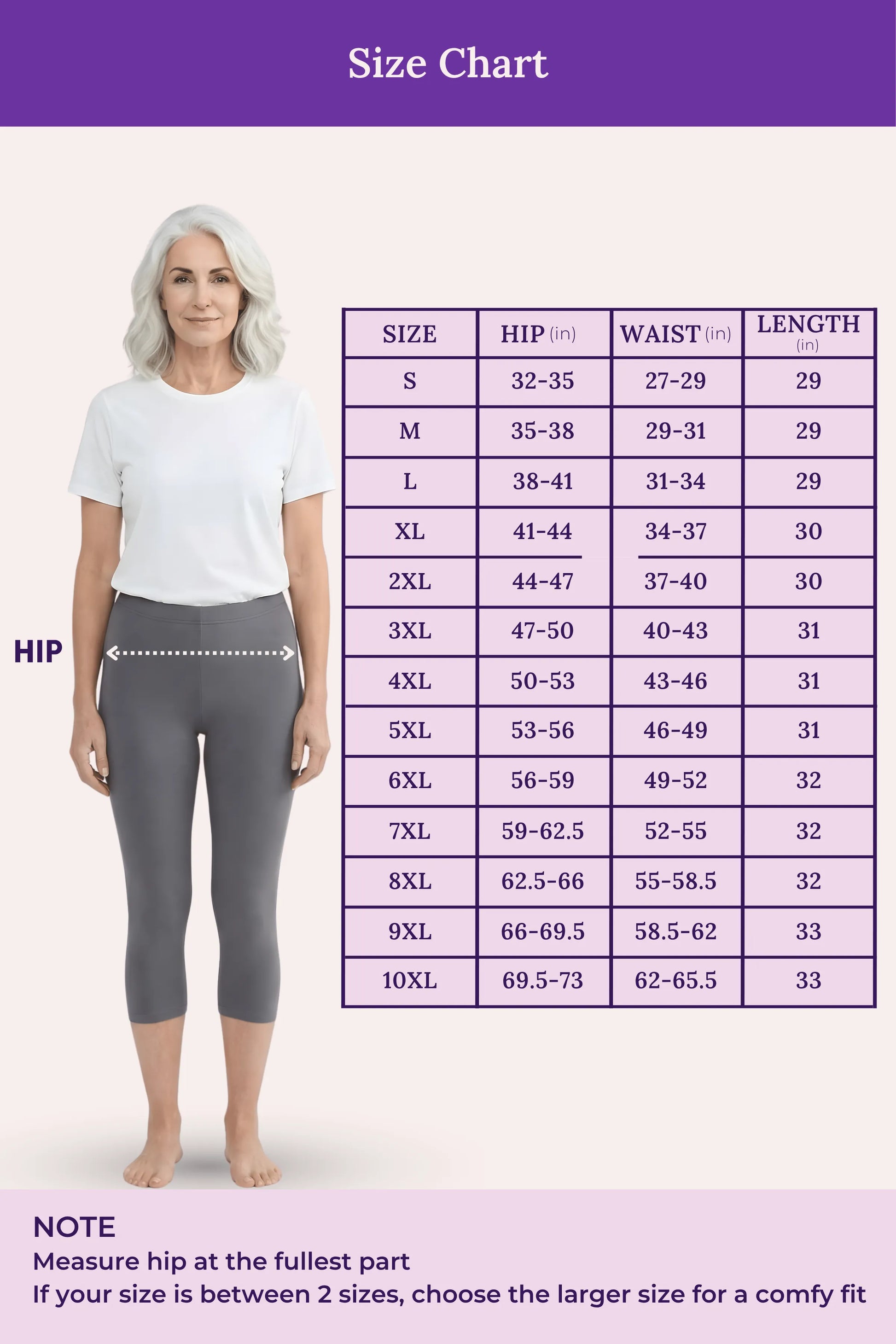 A size chart showing a woman modeling gray capri leggings and a white T-shirt, with a measurement table listing sizes S through 10XL by hip, waist, and length. Purple header and note text are visible on a pale pink background.