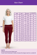 A size chart woman modeling leggings, alongside a size table with hip, waist, and length measurements. The image includes a purple header reading 'Size Chart' and a note at the bottom explaining how to measure.