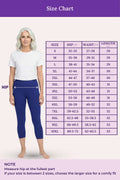 A size chart showing a woman modeling royal blue capri leggings on the left, with a size table on the right listing hip, waist, and length measurements by size. The image has a purple header and footer on a pale pink background.