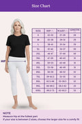 A size chart woman modeling a black top and white leggings on the left, with a purple measurement table on the right listing sizes from S to 10XL by hip, waist, and length. Text at the bottom says to measure hip at the fullest part and choose a larger size if between 2 sizes.