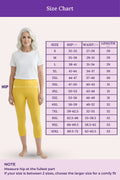 A size chart showing a woman modeling bright yellow capri leggings, with a measurement table for hip, waist, and length by size. Purple header and footer text read 'Size Chart' and include measurement instructions.