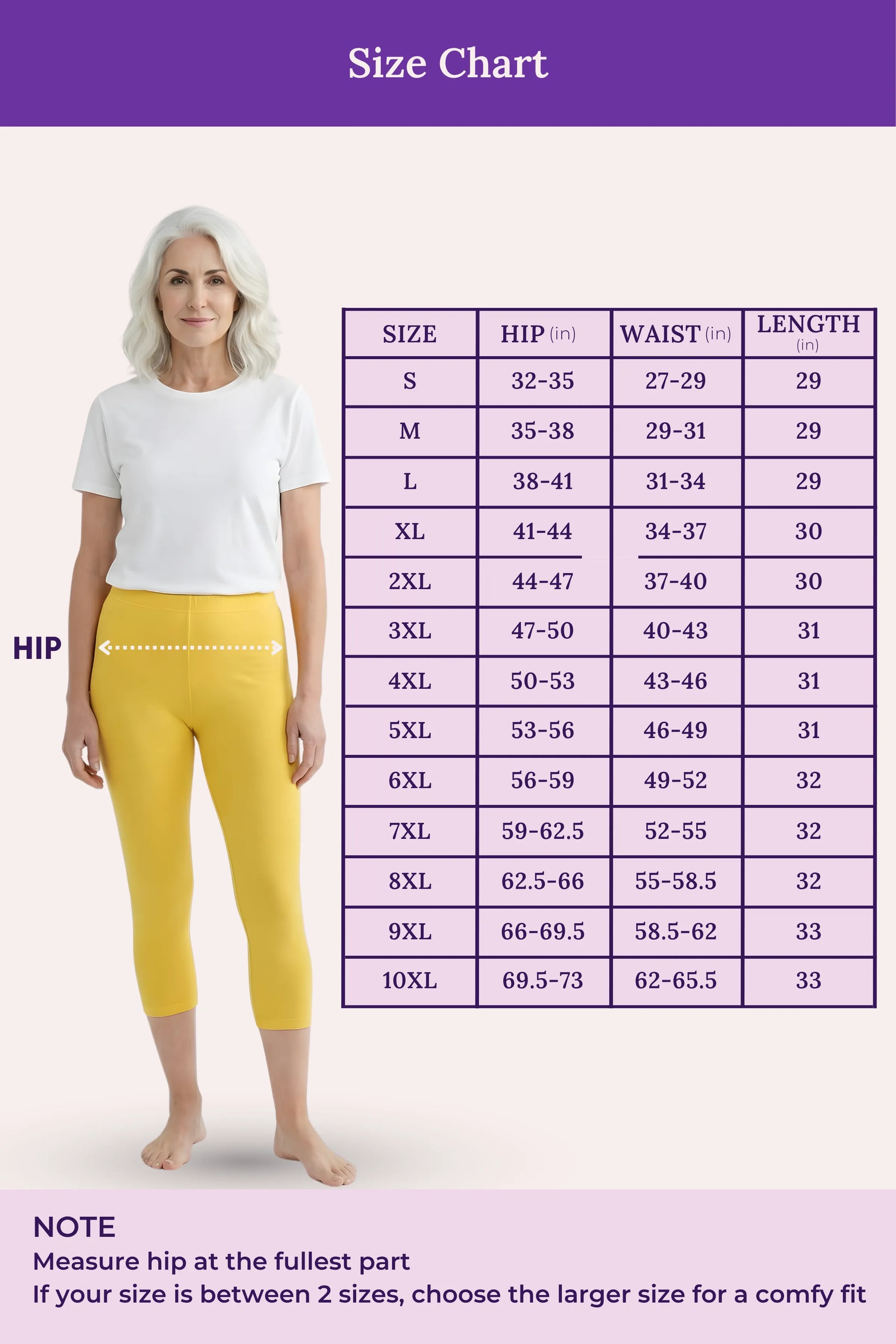 A size chart showing a woman modeling bright yellow capri leggings, with a measurement table for hip, waist, and length by size. Purple header and footer text read 'Size Chart' and include measurement instructions.