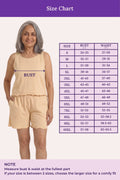 A size chart for a women's sleeveless top and matching shorts, showing a model wearing the outfit on the left and a size table on the right with bust and waist measurements from S to 10XL.