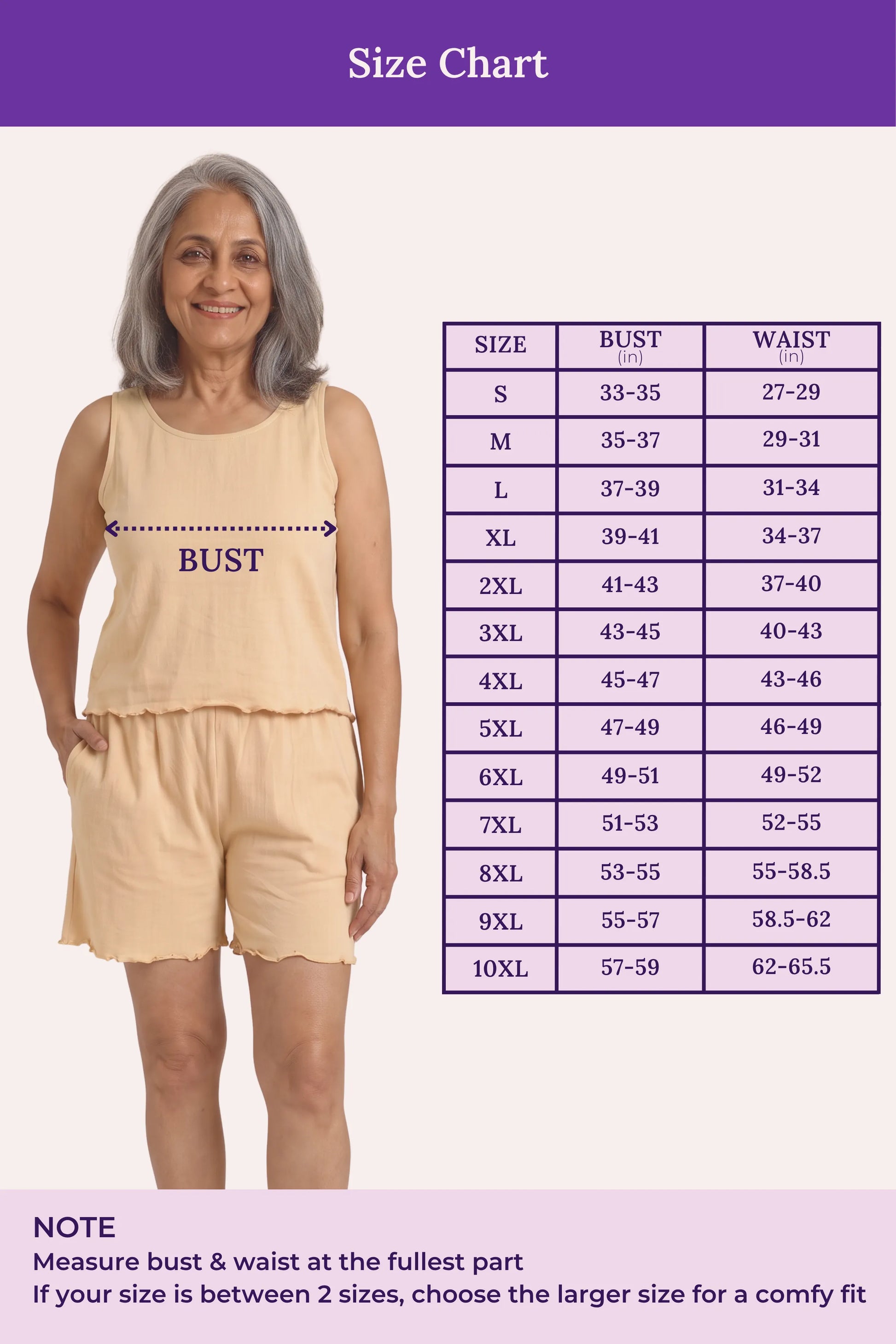 A size chart for a women's sleeveless top and matching shorts, showing a model wearing the outfit on the left and a size table on the right with bust and waist measurements from S to 10XL.