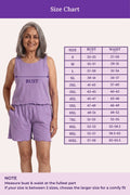 A size chart showing a woman modeling a sleeveless lavender-purple dress, with a measurement guide across the bust and a size table listing bust and waist measurements from S to 10XL on a pale background.
