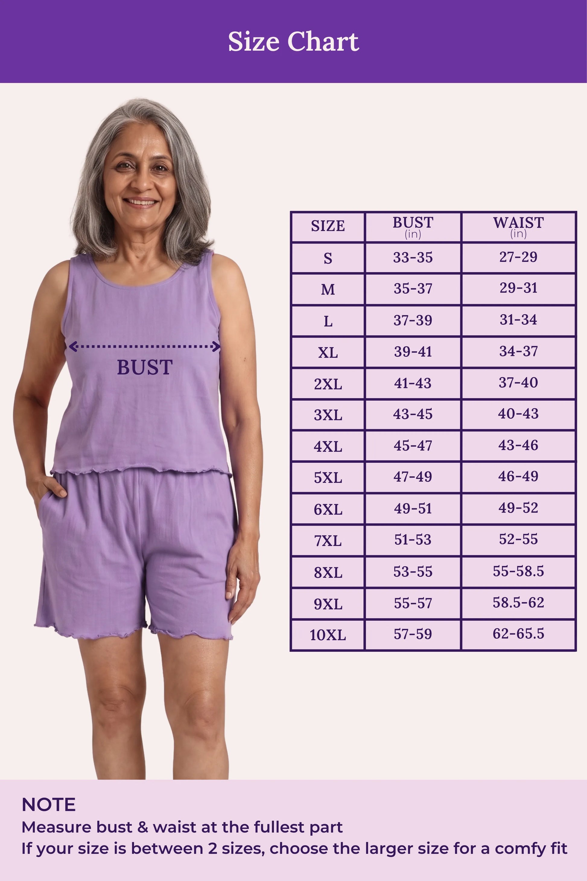 A size chart showing a woman modeling a sleeveless lavender-purple dress, with a measurement guide across the bust and a size table listing bust and waist measurements from S to 10XL on a pale background.