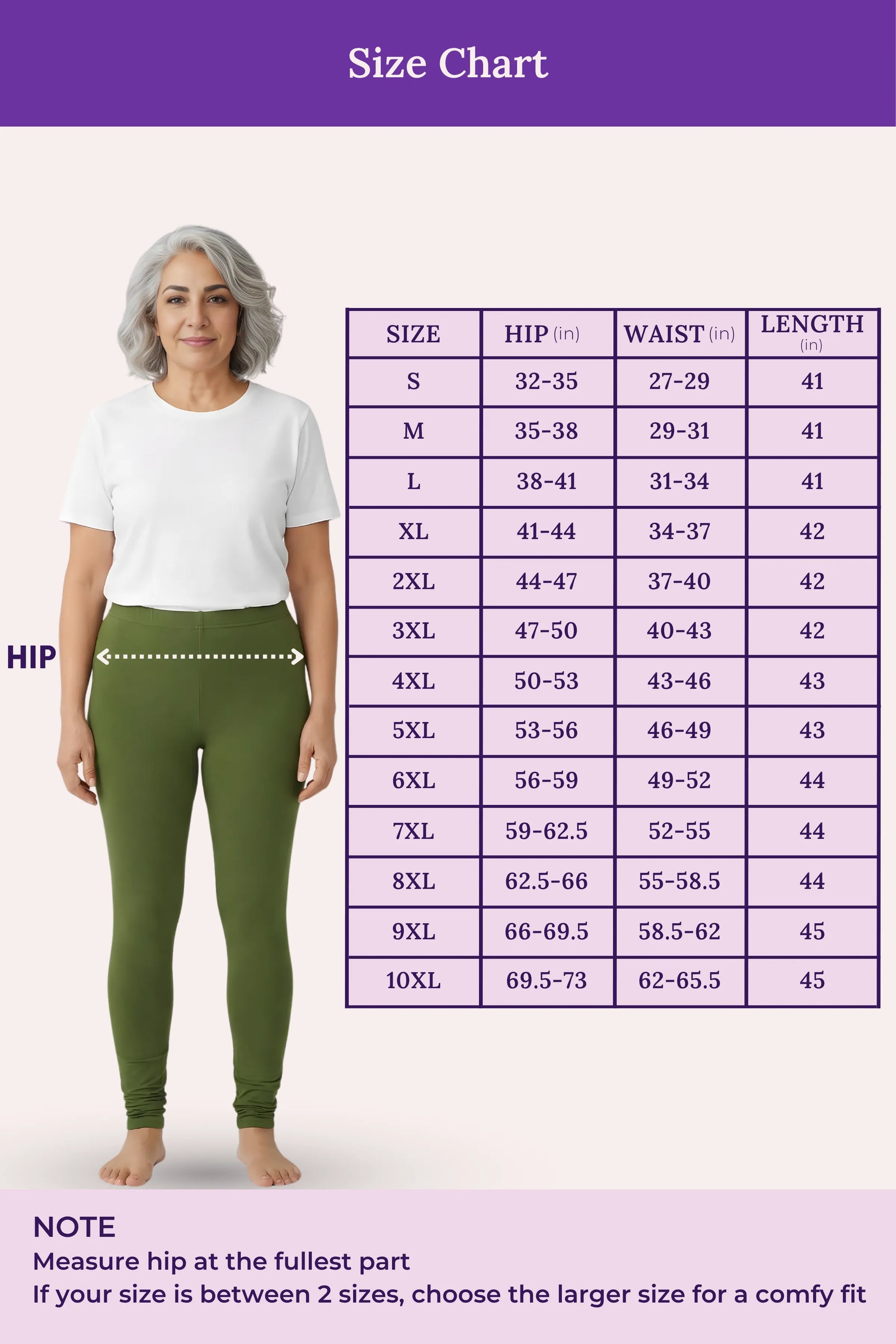 A size chart graphic for leggings showing a woman modeling green pants alongside a size table with hip, waist, and length measurements.