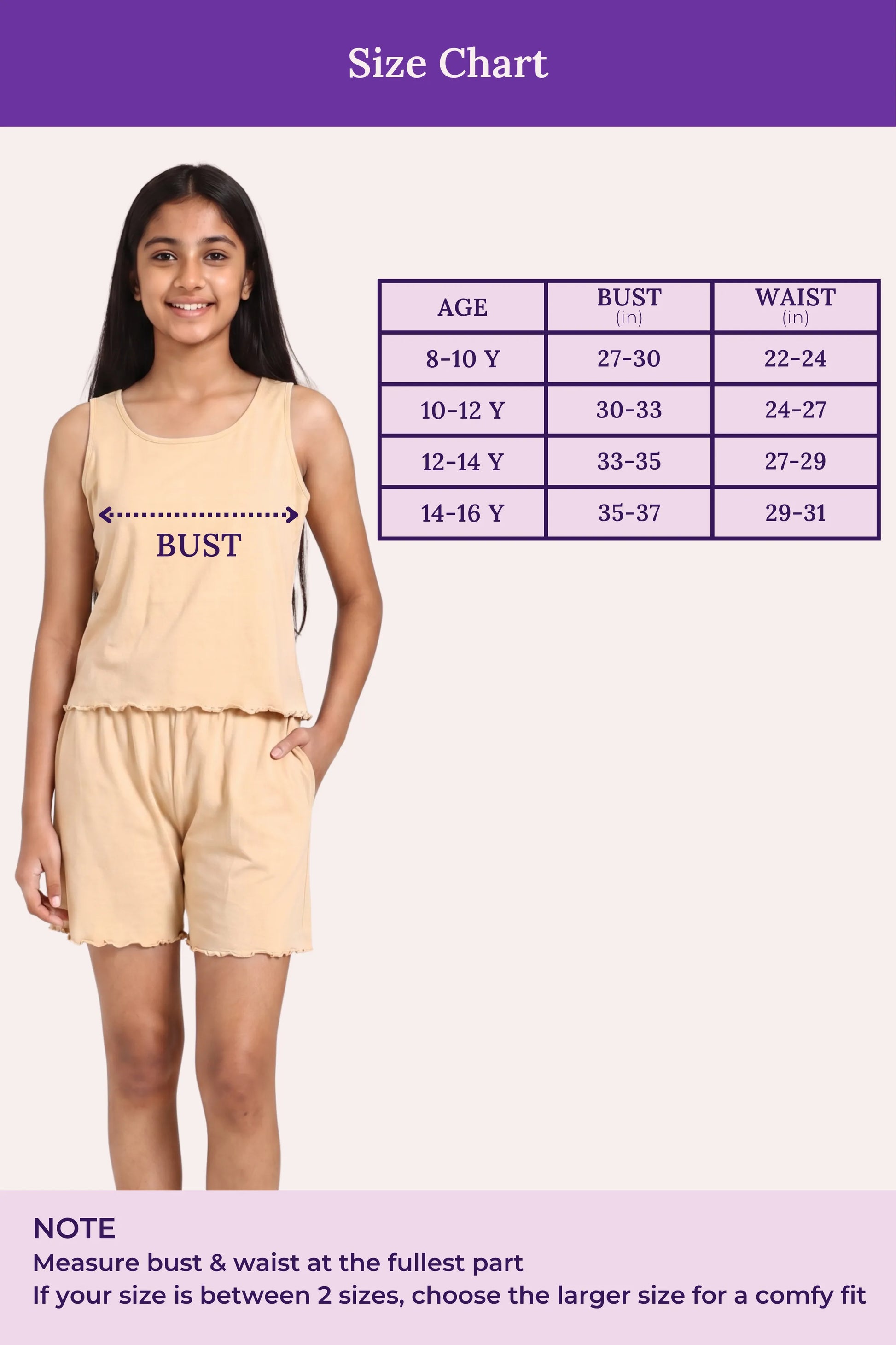 A size chart girls' sleeveless top and shorts set. On the left, a young girl models the light beige two-piece outfit with 'BUST' and 'WAIST' measurement guides overlaid.