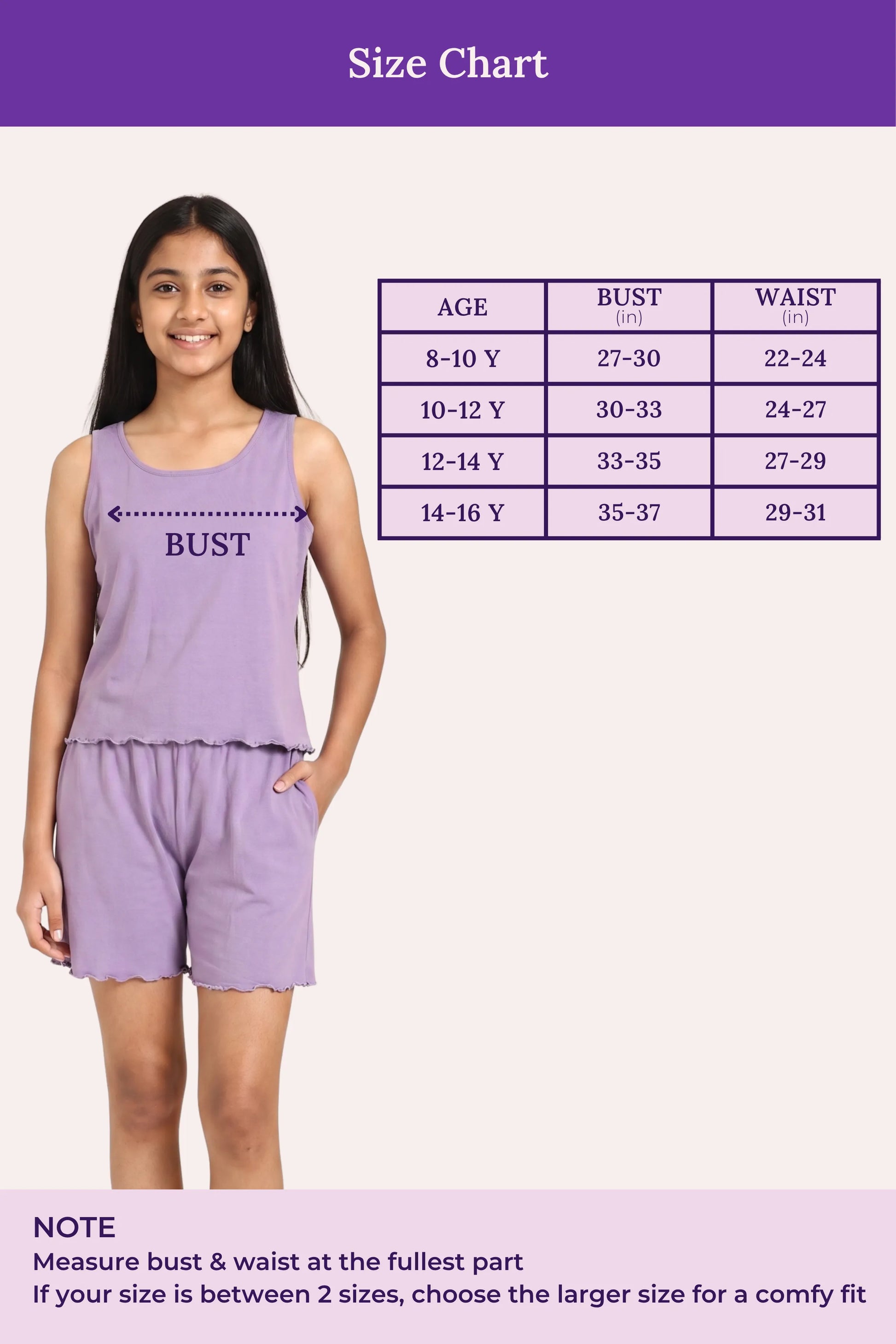 A size chart girls sleeveless two-piece outfit. A young girl is shown wearing the lavender top and shorts, with a measurement guide labeled 'BUST' across the chest.