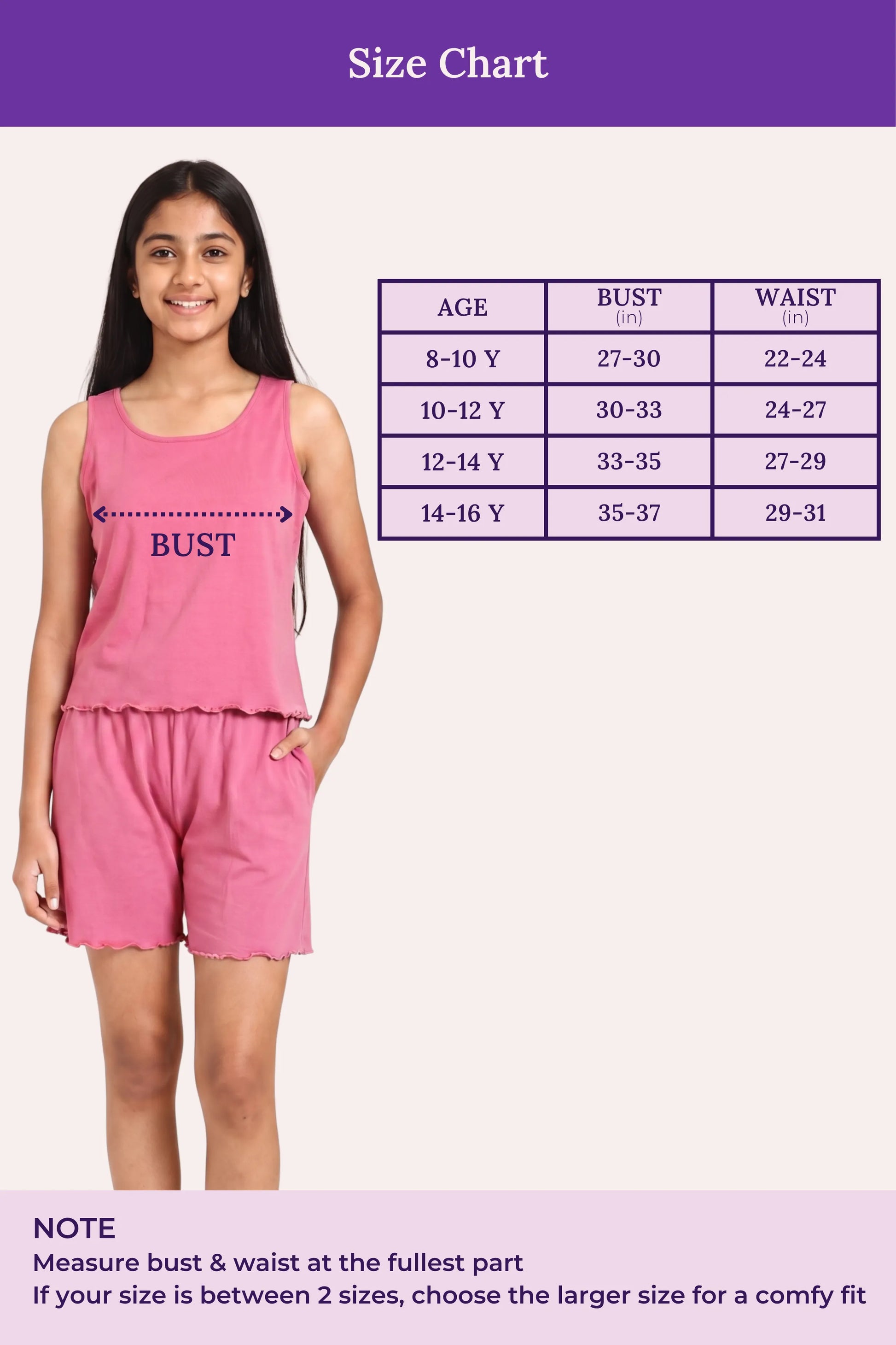 A size chart girls' two-piece outfit, showing a young girl modeling a pink sleeveless top and shorts on the left, with a measurement table on the right listing age, bust, and waist ranges.