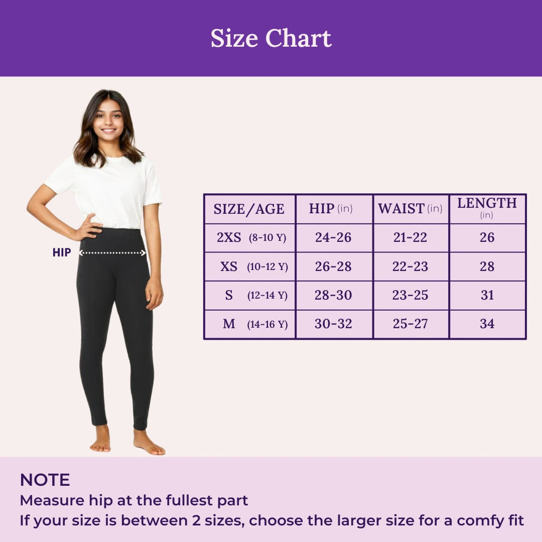Size Chart For Teen Cotton Leggings Black