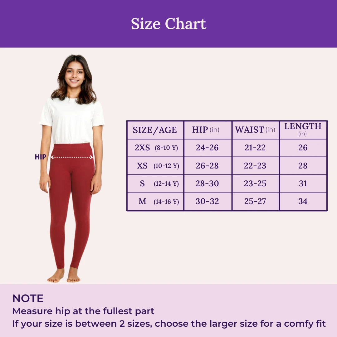 Size Chart For Teen Cotton Leggings Maroon