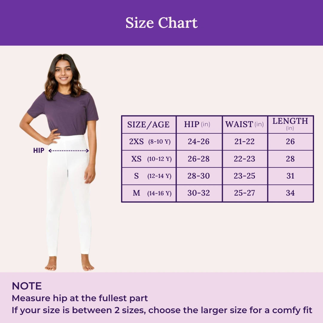 Size Chart For Teen Cotton Leggings White