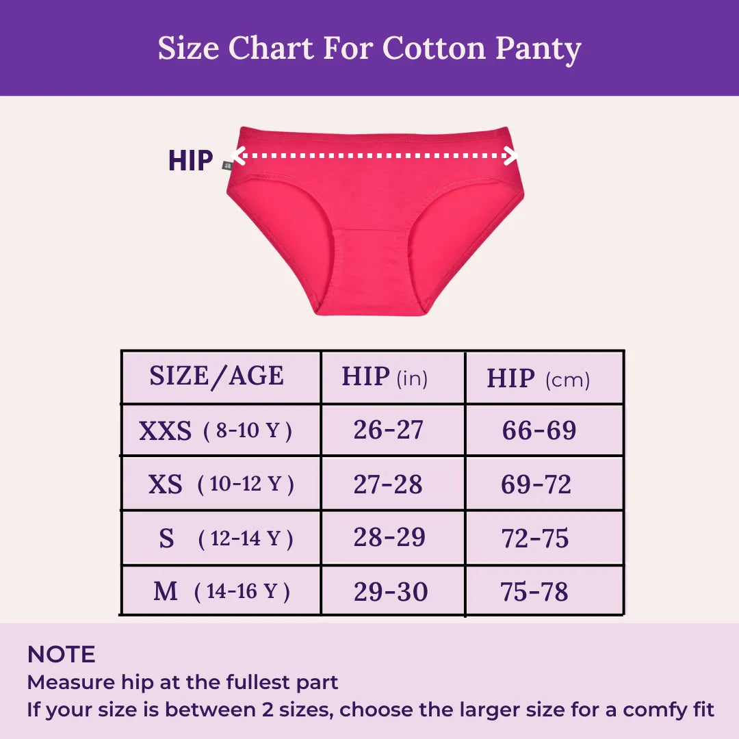 Size Chart For Teen Cotton Panty - Hipster Fit