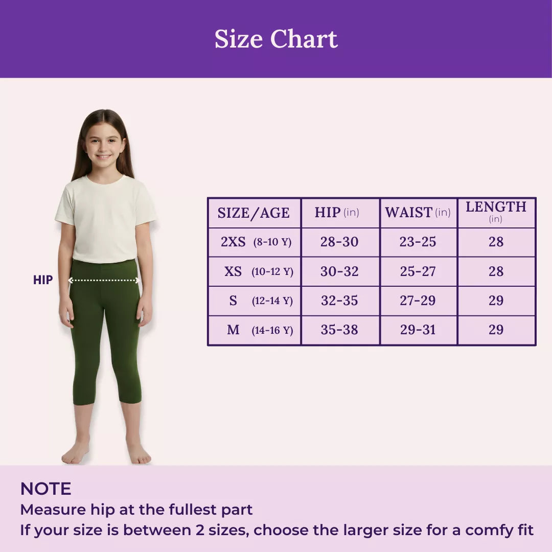 Size Chart For Teen Cropped Leggings-Green