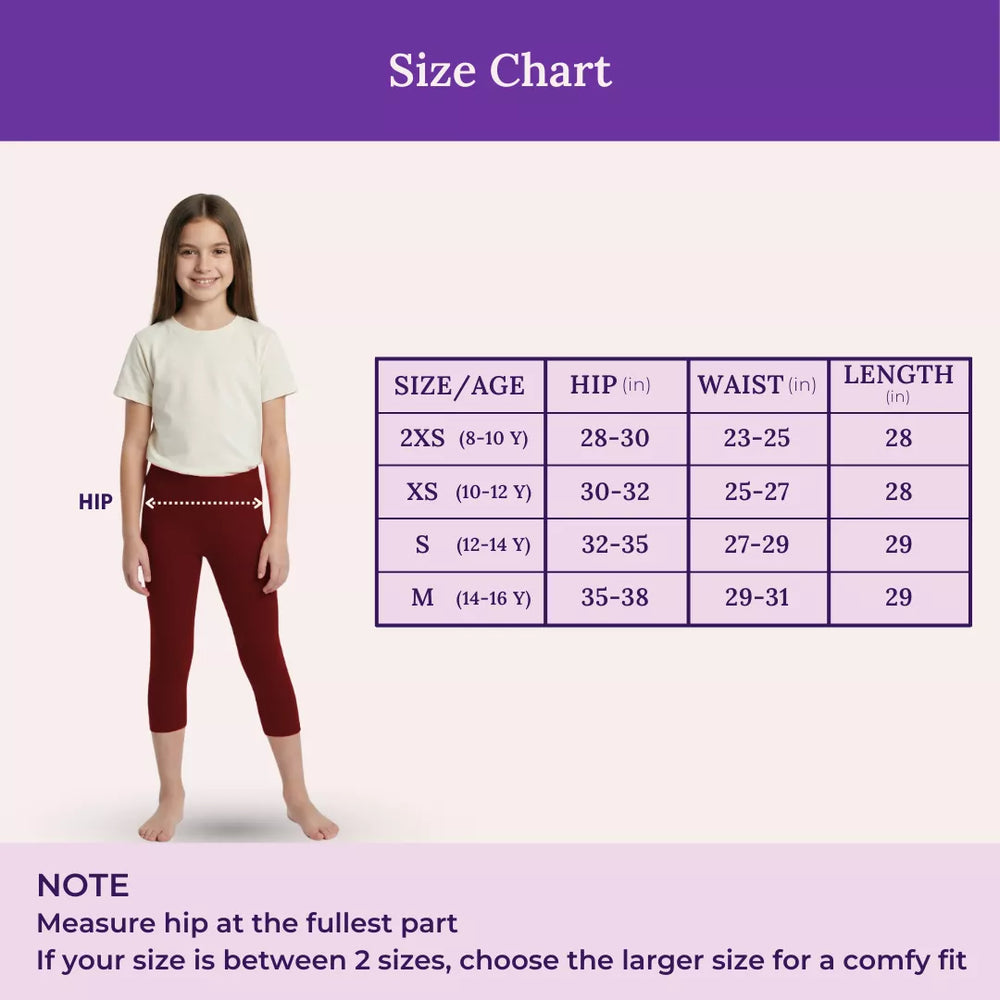 Size Chart For Teen Cropped Leggings-Maroon
