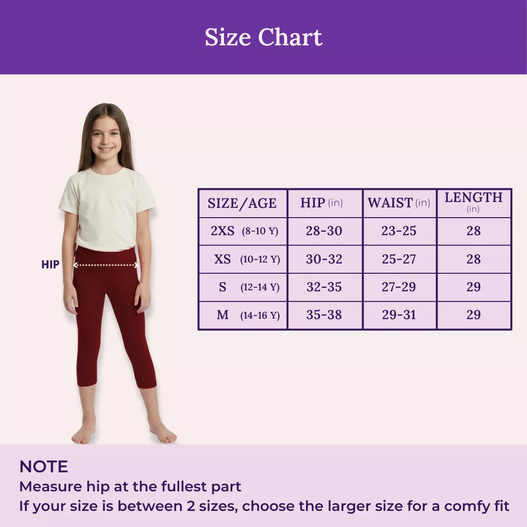 Size Chart For Teen Cropped Leggings-Maroon