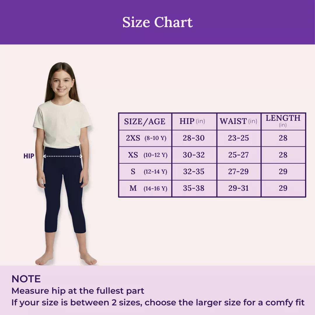 Size Chart For Teen Cropped Leggings-Navy Blue